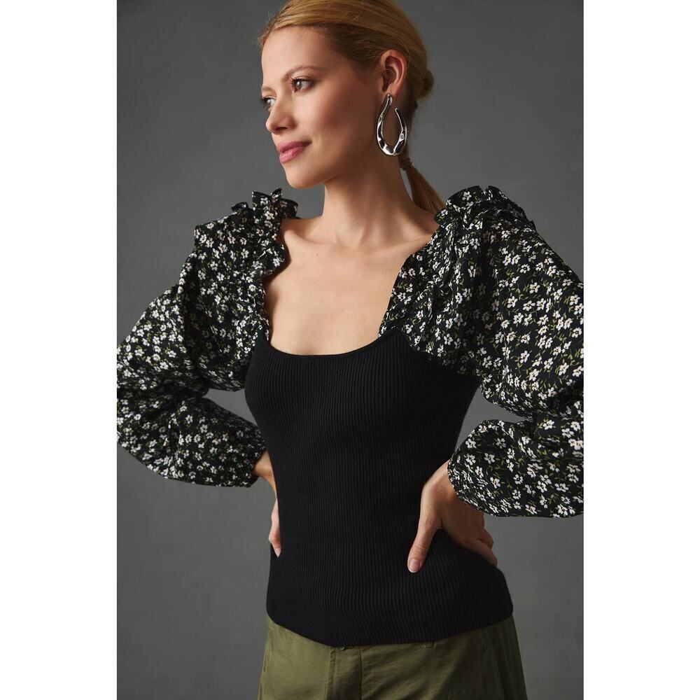 NWT By Anthropologie Woven Ruffle-Sleeve Sweater XS Black Floral Puff Sleeve